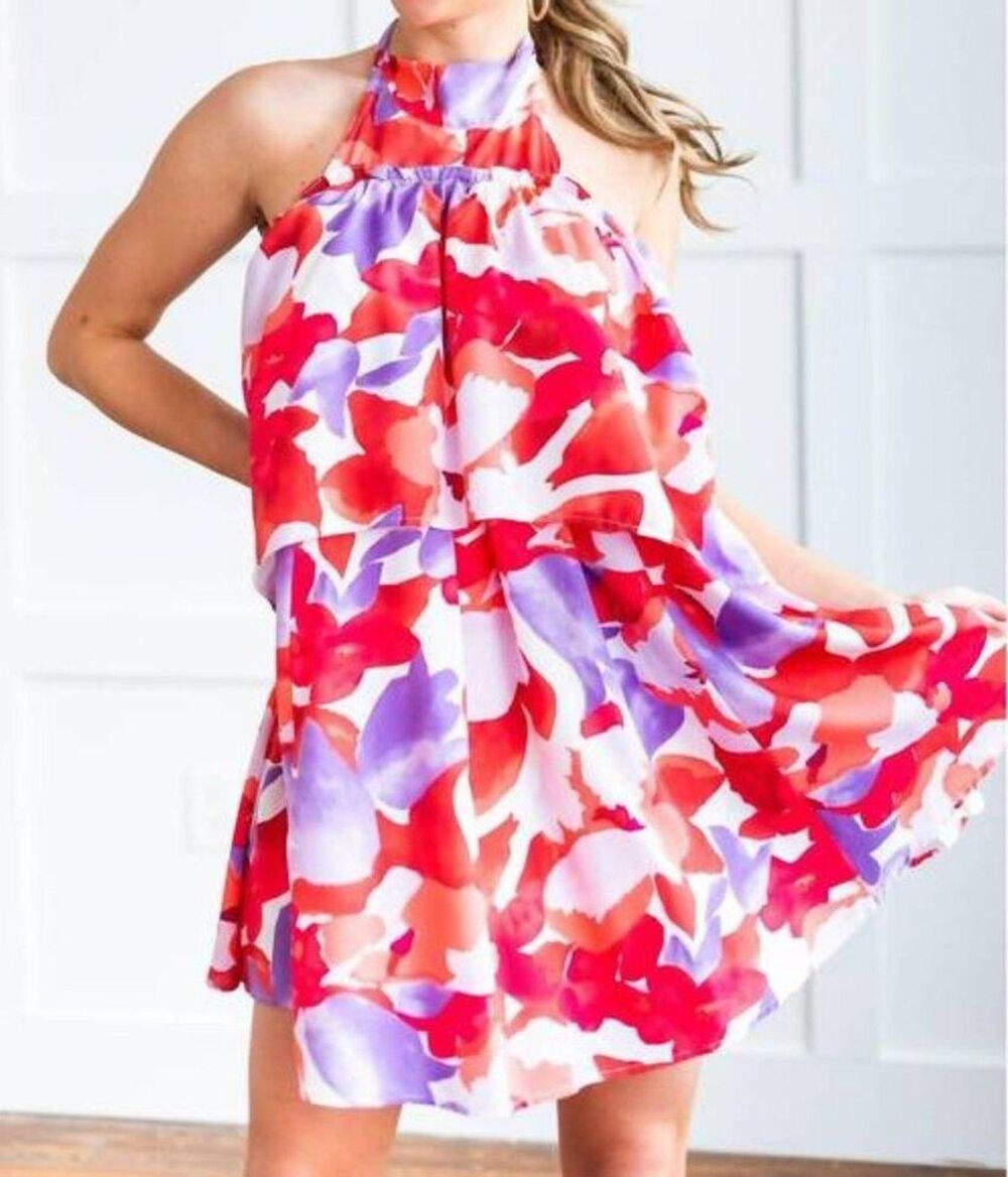 Entro  Red Purple Abstract Floral Halter Mini Layered Flared Dress Size L Beach - Picture 3 of 15